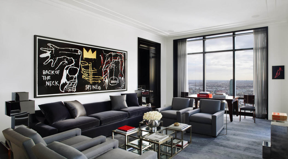 Inspiration for an expansive contemporary living room in New York with white walls.