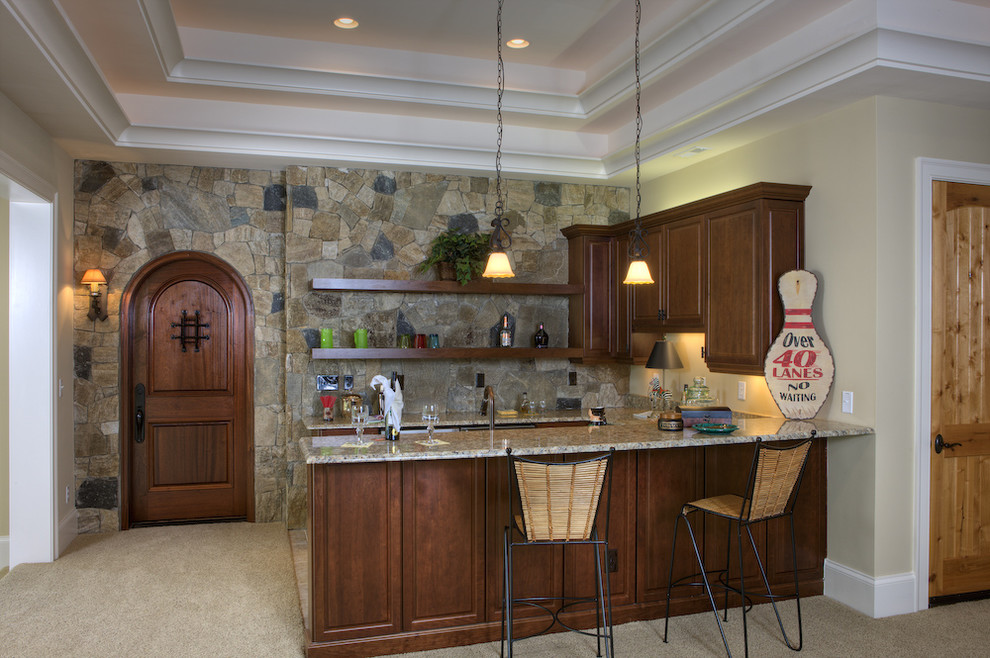 This is an example of a country kitchen in Charlotte with open cabinets and dark wood cabinets.