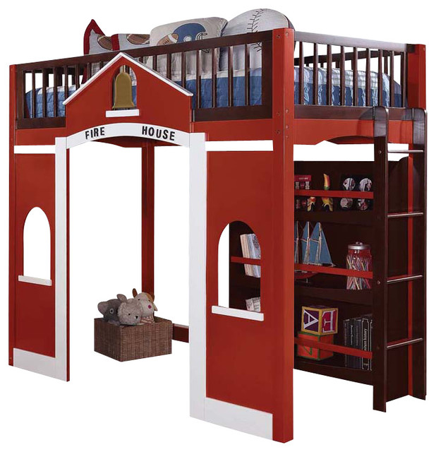 Modern Stylish Espresso Red Twin Loft Bed Built, Ladder Storage Bookcase Shelf