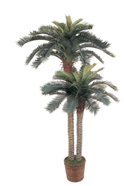 Two 7 foot Artificial Phoenix Palm Trees In Pots with Christmas Lights Date Sago