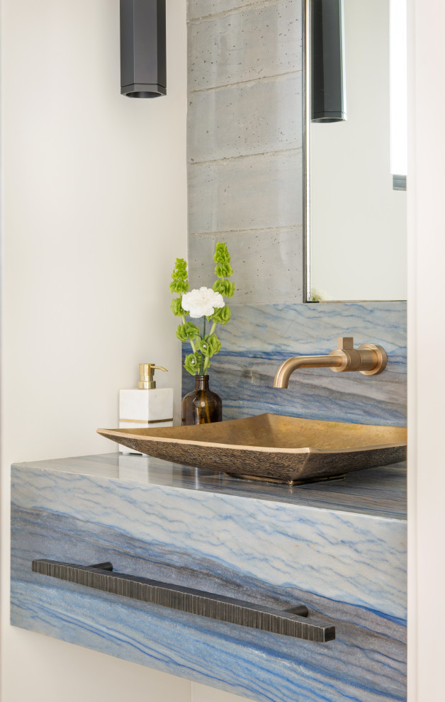 Large contemporary shower room bathroom in Other with blue cabinets, grey tiles, ceramic tiles, beige walls, ceramic flooring, a vessel sink, marble worktops, white floors, blue worktops, a single sink, a floating vanity unit and a wood ceiling.