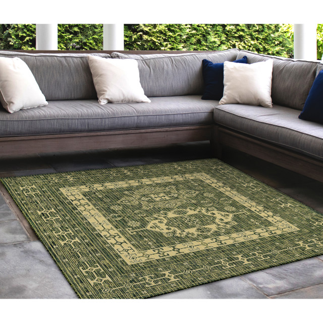 Liora Manne Carmel Kilim Indoor Outdoor, Green And Brown Outdoor Rug