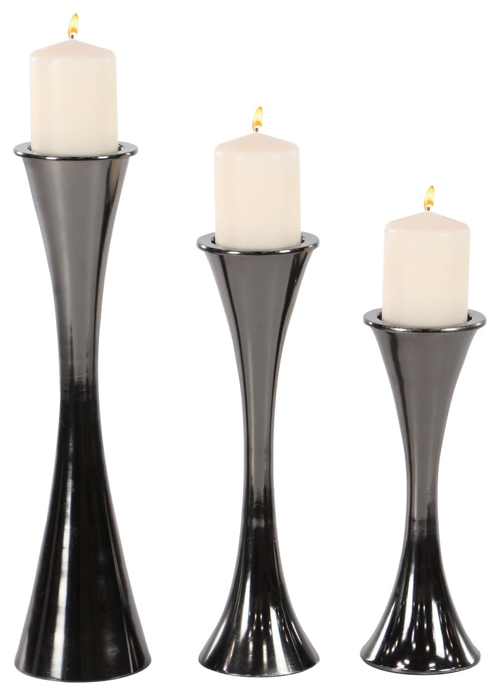 Contemporary Aluminum Hourglass-Shaped Candle Holders, 3-Piece Set, Black