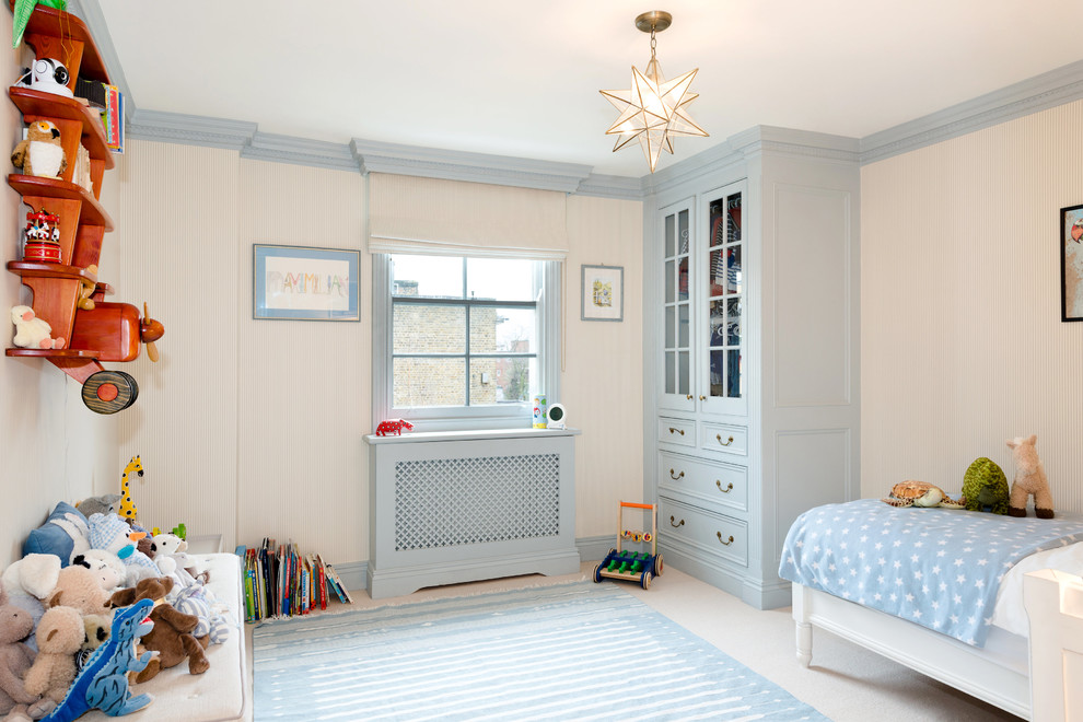Traditional kids' playroom in London with white walls and carpet.