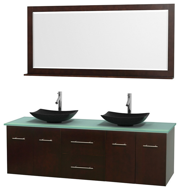 72" Double Bathroom Vanity, Green Glass Countertop, Sinks, Mirror