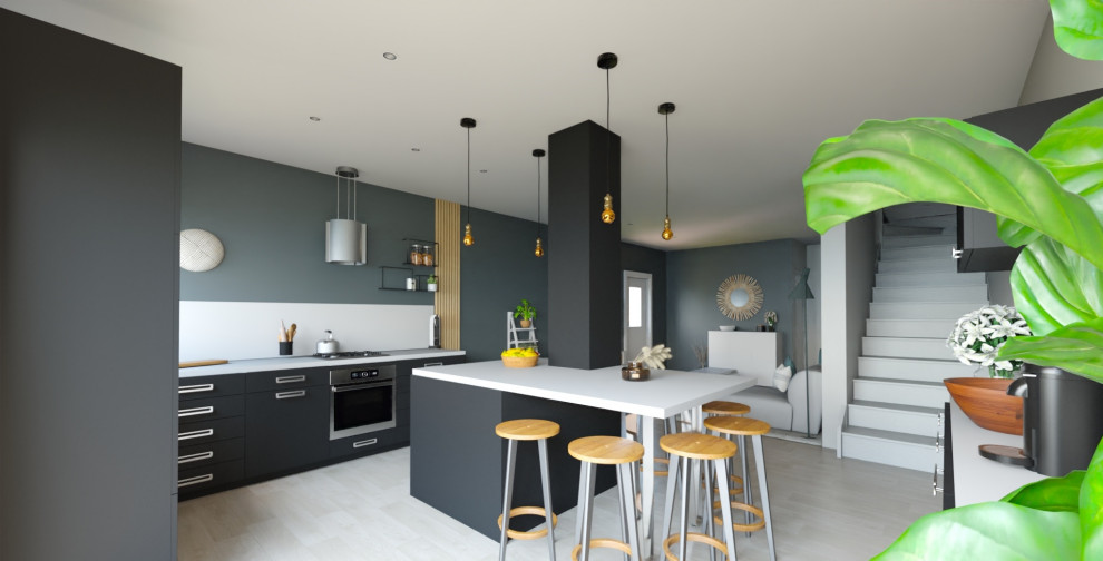 Cuisine?[Exemple de cuisine in L With un évier intégré, un placard à porte plane, des portes de placard noires, un plan de travail en stratifié, une crédence grise, une crédence en céramique, sol en stratifié, îlot and un plan de travail gris.]:[Exemple de cuisines in L With un évier intégré, un placard à porte plane, des portes de placard noires, un plan de travail en stratifié, une crédence grise, une crédence en céramique, sol en stratifié, îlot and un plan de travail gris.]