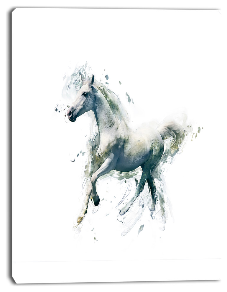 White Horse in Motion on White, Animal Canvas Wall Art, 12"x20