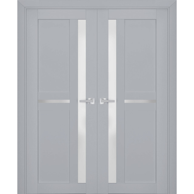 French Double Doors, Veregio 7288 Grey & Frosted Glass, 64"x80" (2* 32x80) Transitional