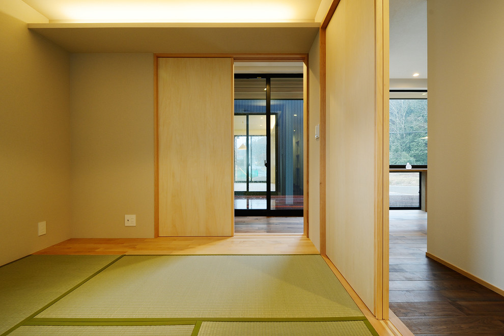 Idéer för mellanstora skandinaviska allrum, med tatamigolv, grönt golv, vita väggar och en fristående TV