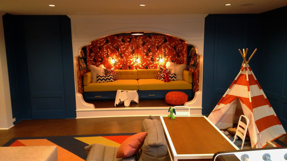 Ejemplo de dormitorio infantil de 4 a 10 años contemporáneo de tamaño medio con paredes azules, suelo de baldosas de porcelana, suelo marrón y boiserie