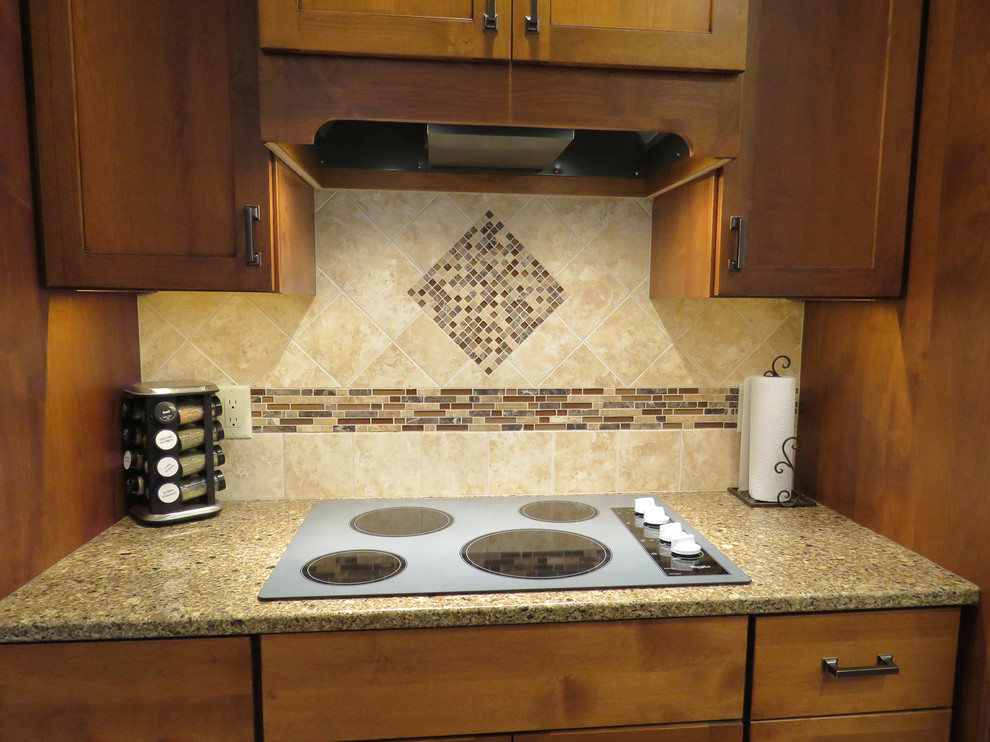Mid-sized transitional u-shaped vinyl floor open concept kitchen photo with a double-bowl sink, shaker cabinets, dark wood cabinets, quartz countertops, beige backsplash, cement tile backsplash, stainless steel appliances and a peninsula