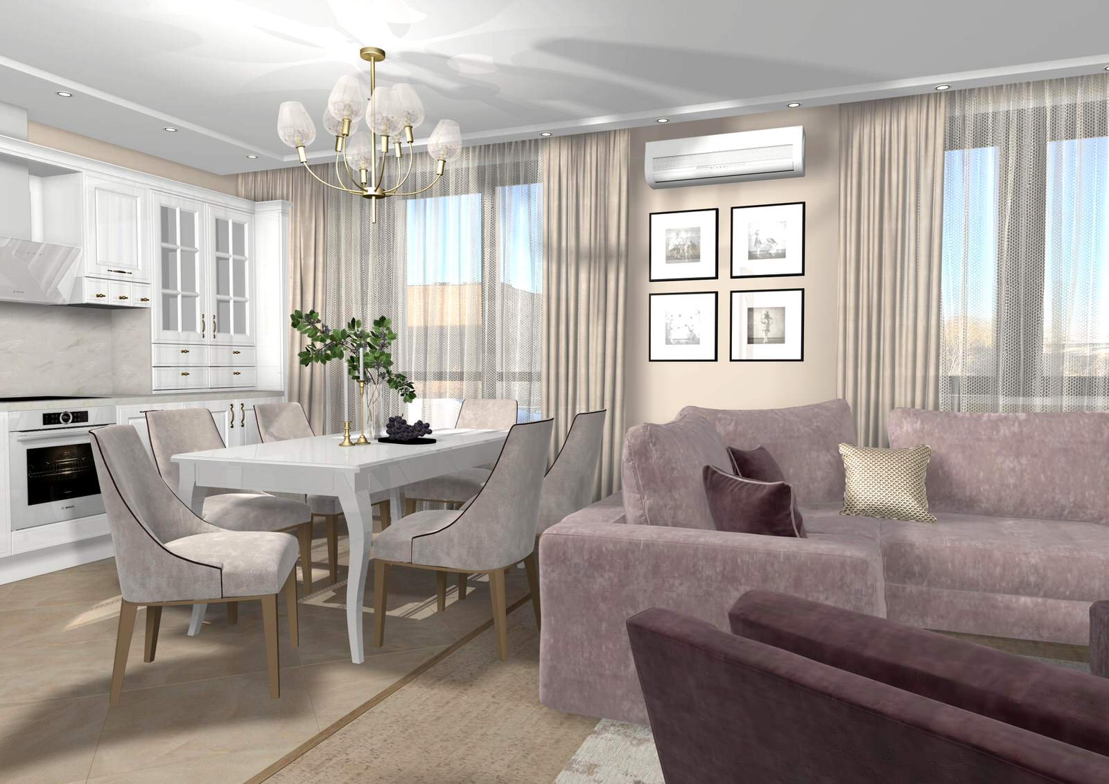 Гостиная с белой кухней