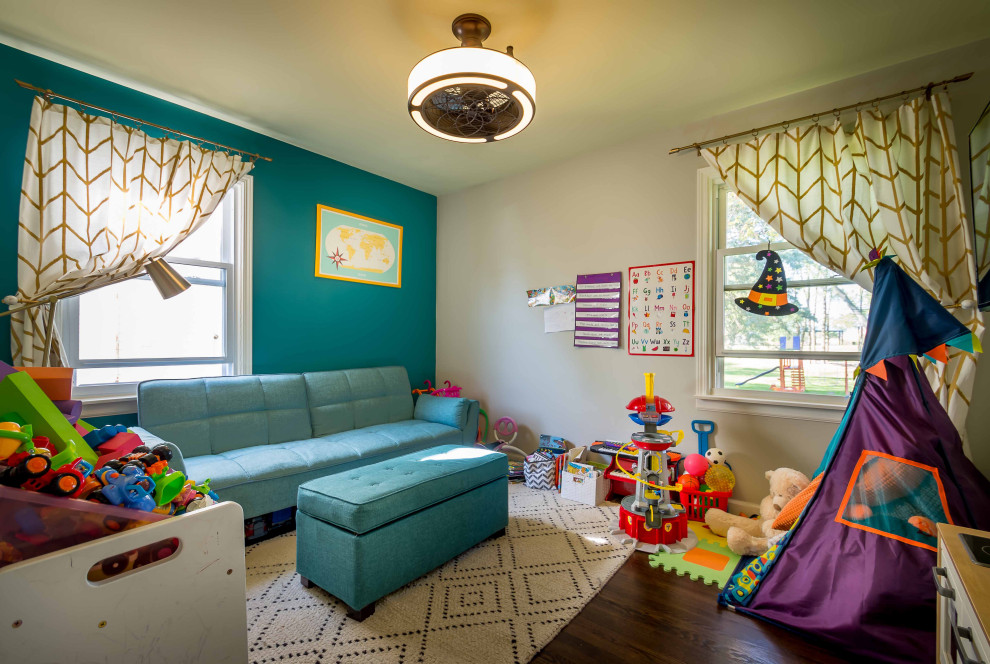 Modernization of Midcentury Childhood Home - Playroom - mid-sized mid-century modern gender-neutral dark wood floor, brown floor, wallpaper ceiling and wainscoting playroom idea in Chicago with multicolored walls
