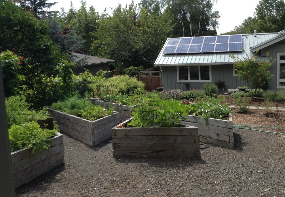 Large eclectic backyard full sun garden in Portland with a container garden and gravel for summer.