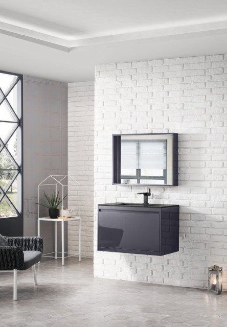 32 Inch Gray Floating Single Sink Bathroom Vanity Black Stone Top ...