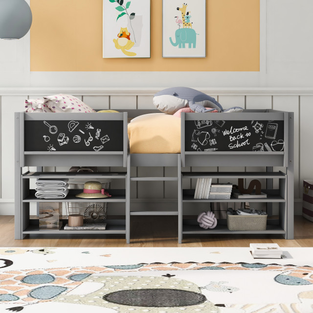 Gewnee Twin Size Low Loft Bed with Two Movable Shelves and Ladder in ...