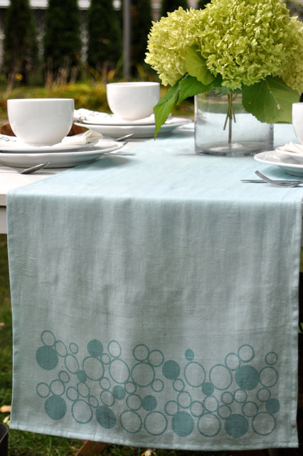 Table Runner Linen Hand Printed Sky Blue Bubbles by Printing Grounds