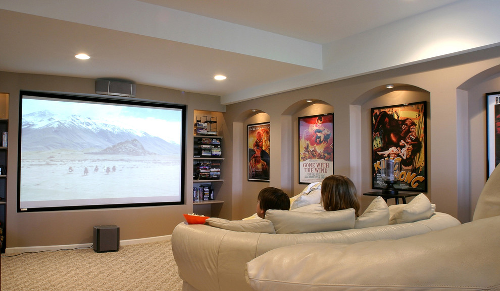 Inspiration for a contemporary home theatre in Detroit.