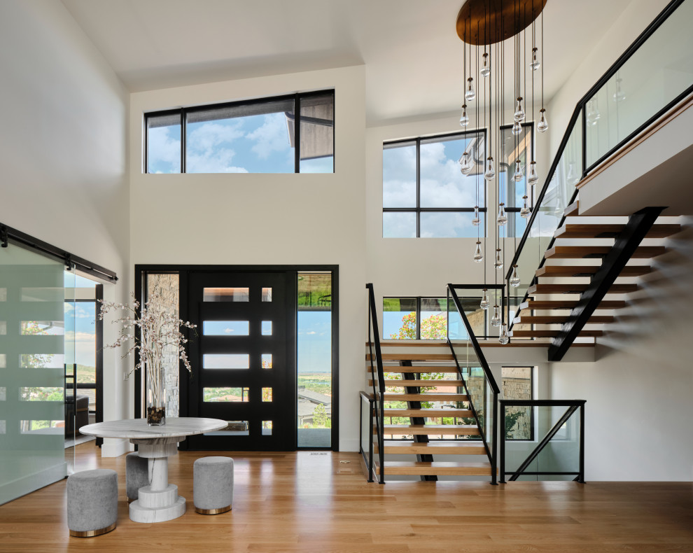 Design ideas for an expansive contemporary foyer in Denver with white walls, light hardwood floors, a pivot front door, a dark wood front door, beige floor and vaulted.