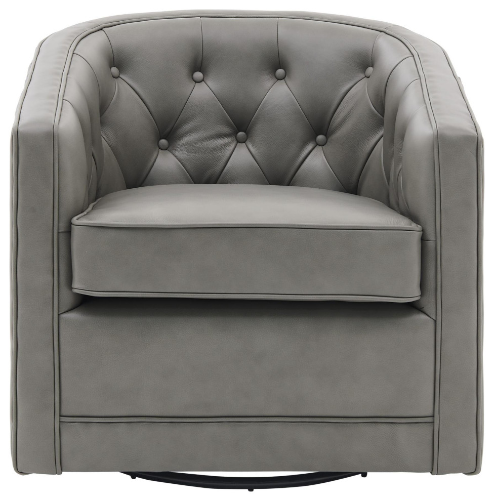 Lambros Top Grain Leather Swivel Chair, Garrett Gray Transitional