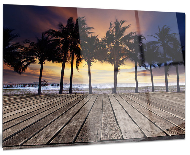 "Old Wood Terrace on Sea Beach" Metal Wall Art, 28"x12" Tropical Metal Wall Art by Design