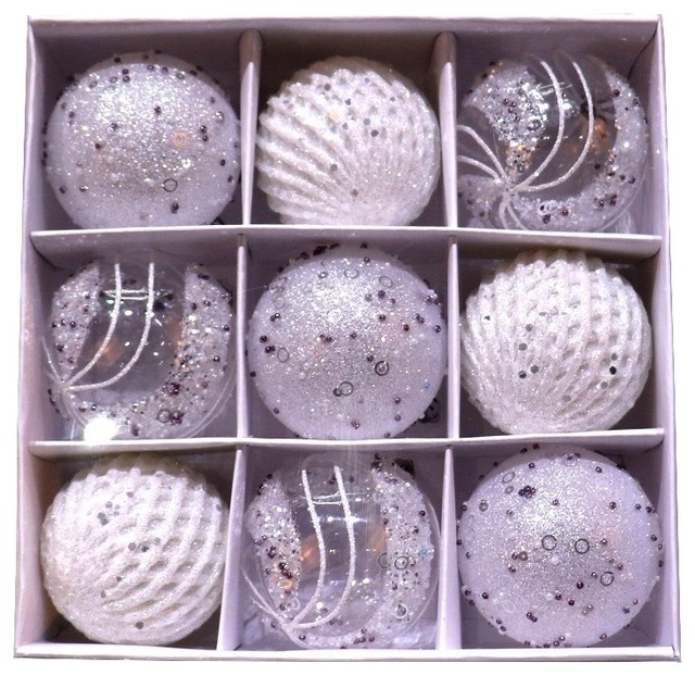 Christmas Ornaments, 9-Piece Set, White, Silver