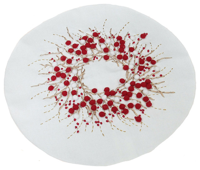 Handmade Holiday Berry Wreath Ribbon/Pom Pom Double Layer Round Placemat