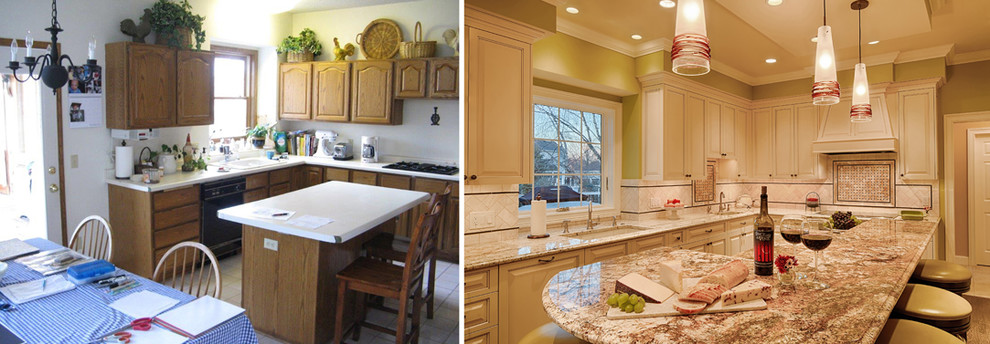 Large transitional u-shaped medium tone wood floor eat-in kitchen photo in Minneapolis with raised-panel cabinets, white cabinets, granite countertops, beige backsplash, stone tile backsplash, paneled appliances and an island
