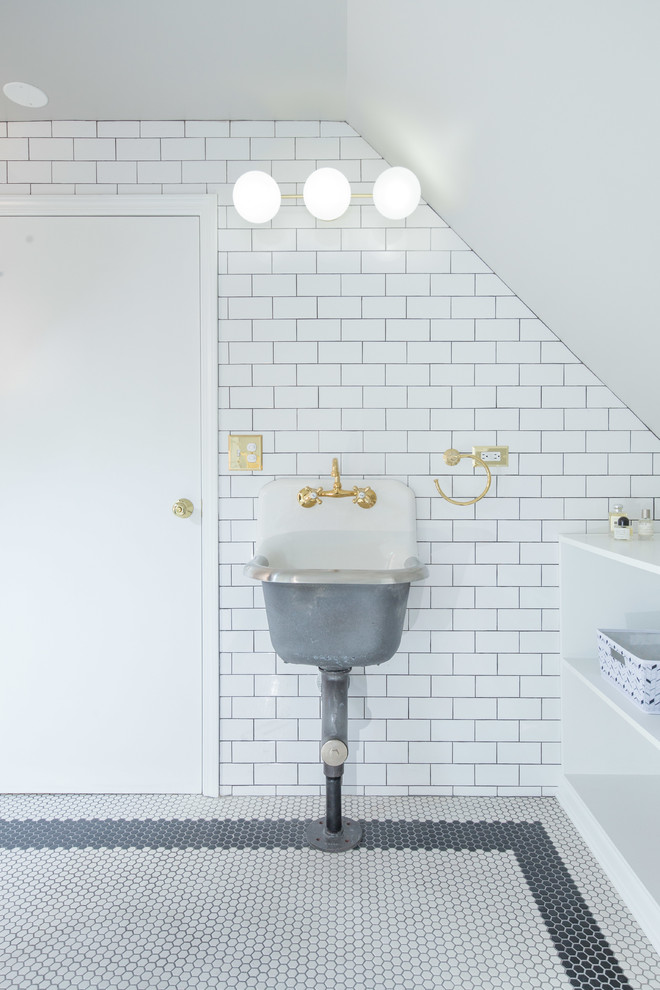 This is an example of a small contemporary 3/4 bathroom in Chicago with flat-panel cabinets, white cabinets, a two-piece toilet, white tile, subway tile, white walls, mosaic tile floors, a pedestal sink and a corner shower.