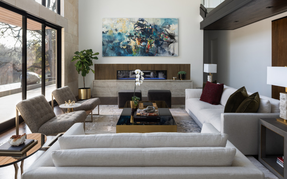 Inspiration for a contemporary formal and open concept dark wood floor living room remodel in Dallas with white walls, a ribbon fireplace, a wood fireplace surround and no tv