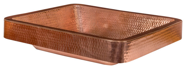 19" Rectangle Skirted Vessel Hammered Copper Sink, Polished Copper
