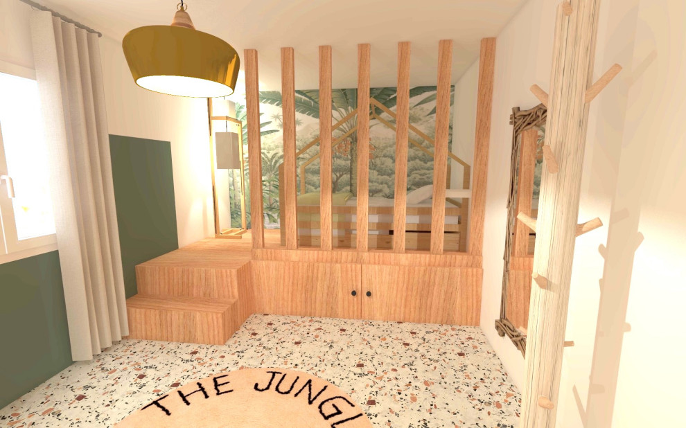 Пример оригинального дизайна: нейтральная детская среднего размера в скандинавском стиле с спальным местом, разноцветными стенами, полом из линолеума и разноцветным полом для ребенка от 4 до 10 лет