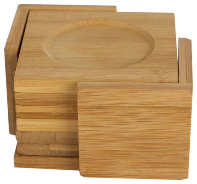 Natural Bamboo Square Coaster, Raised Edge, (Set of 6) Asian