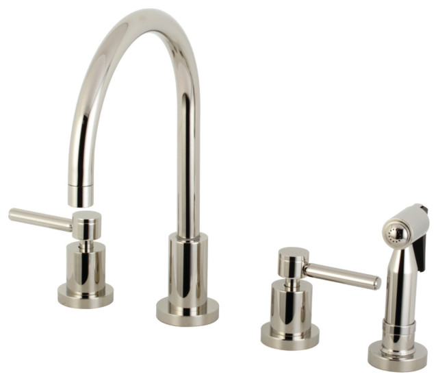 KS8726DLBS 8" Widespread Kitchen Faucet With Brass Sprayer, Polished Nickel