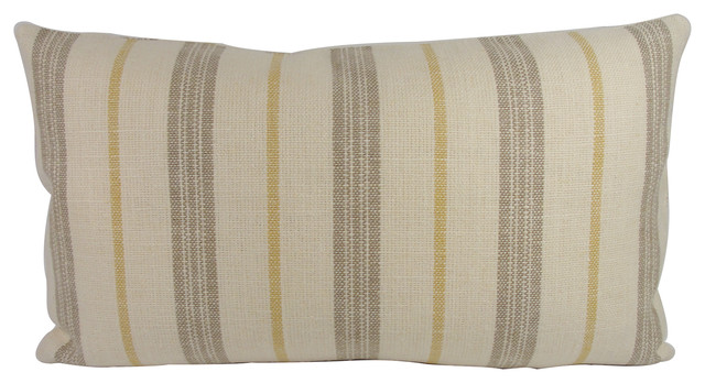 Neutral Linen Taupe Stripe Lumbar Throw Pillow With Feather Down Insert - Transitional ...