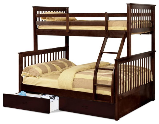 BEKids Traditional Wood Twin/Full Bunk Bed with 2 Drawers in Java Brown