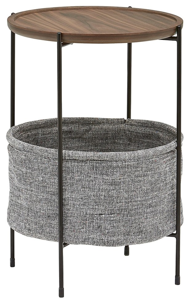 Modern Round Storage Basket Side Table, Walnut and Gray Fabric