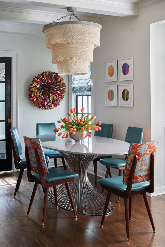 Inspiration for a transitional dining room in Chicago with beige walls, dark hardwood floors and brown floor.