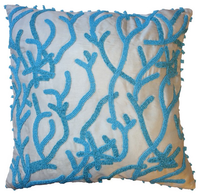 Hand Beaded Silk Pillow Cover Turquoise Coral Design 16 Beach