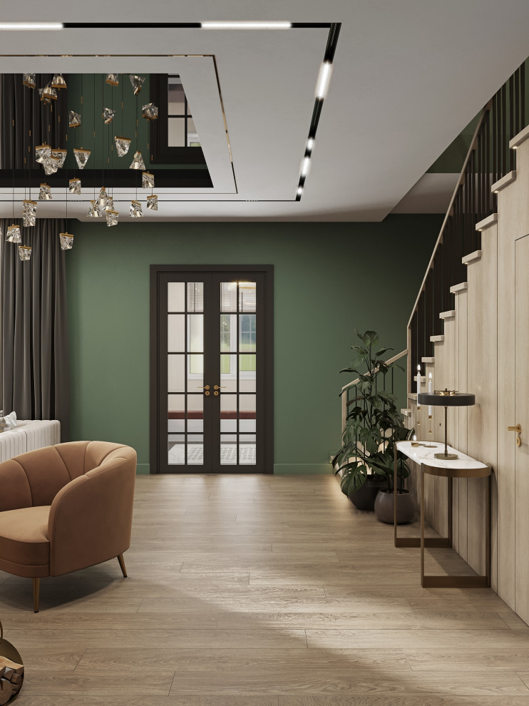 Просторная гостиная с акцентным потолком