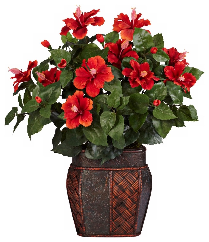 Hibiscus With Vase Silk Plant Arrangement Traditional Artificial