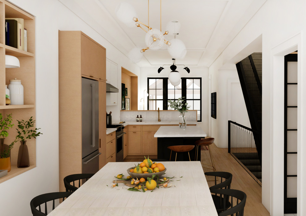 Moderne Wohnküche mit weißer Wandfarbe, braunem Holzboden und braunem Boden in Toronto