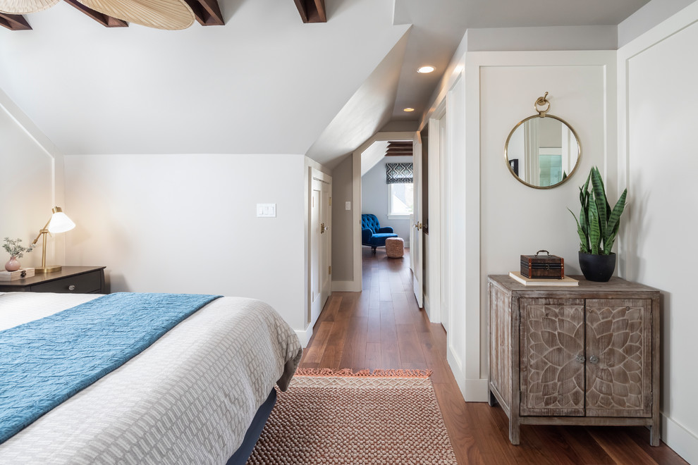 Mid-sized transitional master porcelain tile and gray floor bedroom photo in Seattle with gray walls and no fireplace