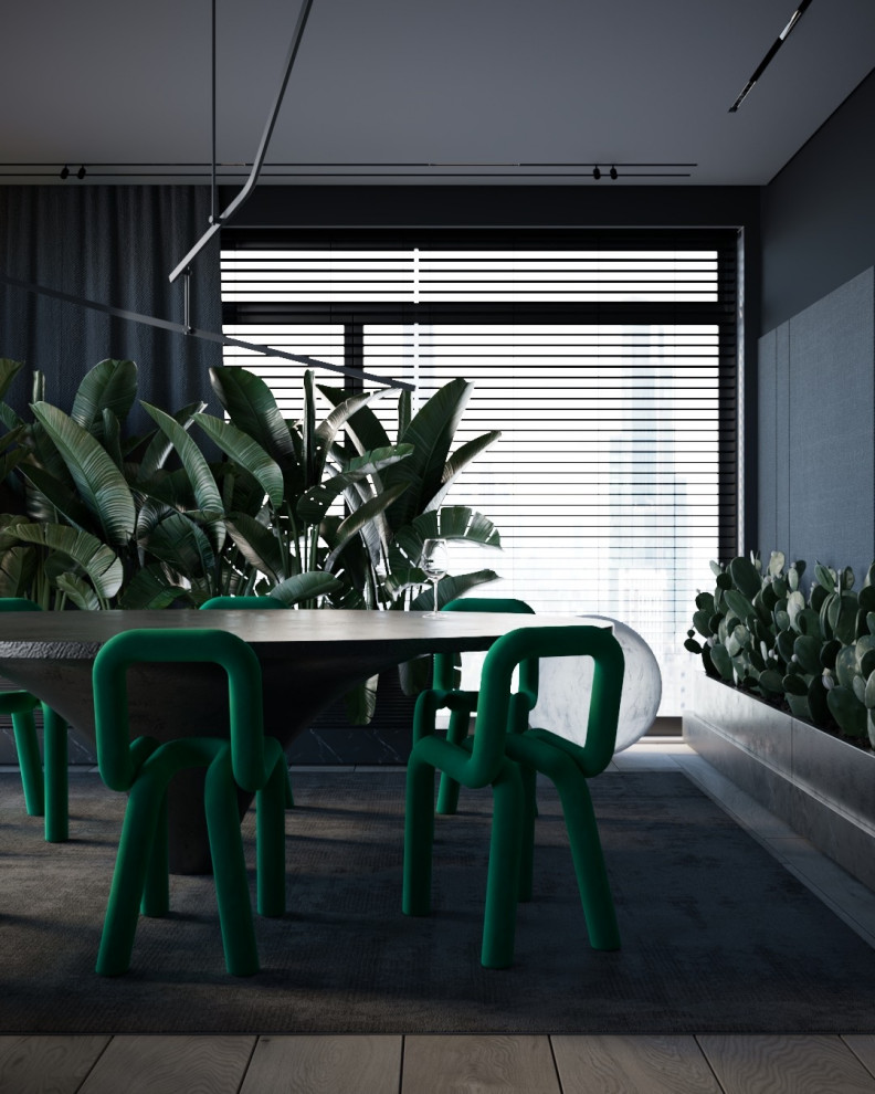 Idee per un grande soggiorno minimalista aperto con pareti nere, parquet chiaro, camino lineare Ribbon, parete attrezzata e pavimento beige