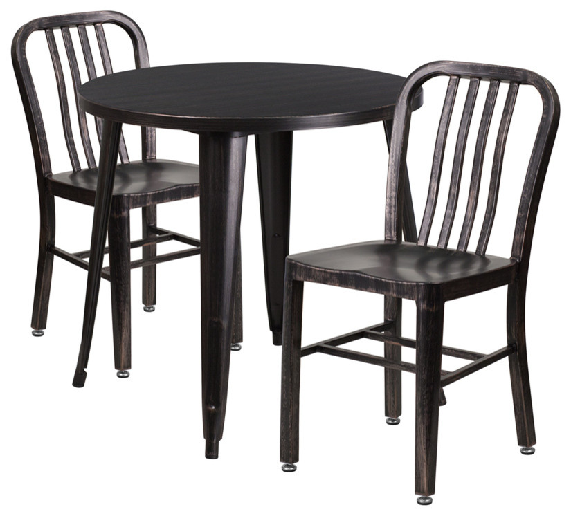 Flash Commercial 30" Round Black-AG Metal Table Set, 2 Vertical Slat Chairs