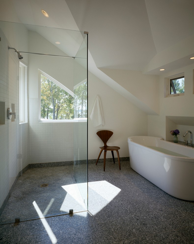 Mid-sized transitional bathroom in Other with a freestanding tub, an open shower, white walls, gray tile and an open shower.