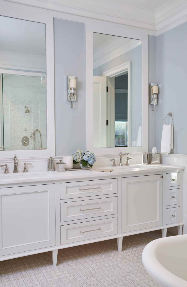 Photo of a mid-sized beach style master bathroom in New York with an undermount sink and a single vanity.