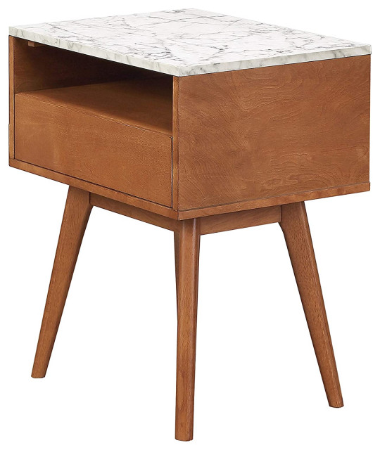 Mid Century End Table, Drawer and Open Compartment With White Faux