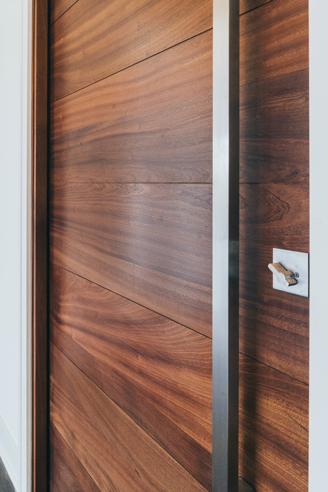 Example of a transitional dark wood floor pivot front door design in Omaha with a medium wood front door