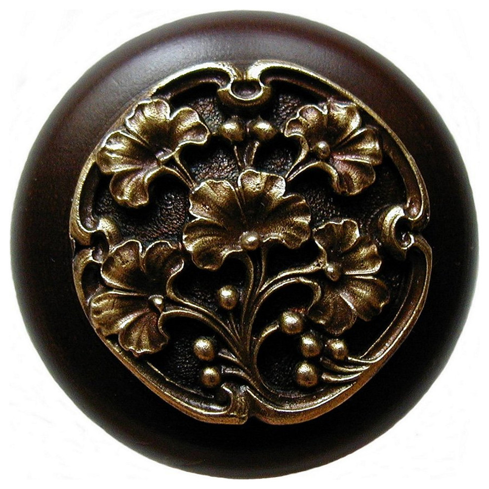 Ginkgo Berry Wood Knob, Antique Brass, Dark Walnut Wood Finish